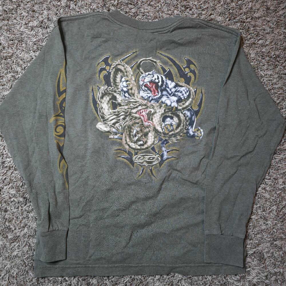 Vintage Y2K Top Heavy T-Shirt Long Sleeve Tiger & Dragon Flames Youth